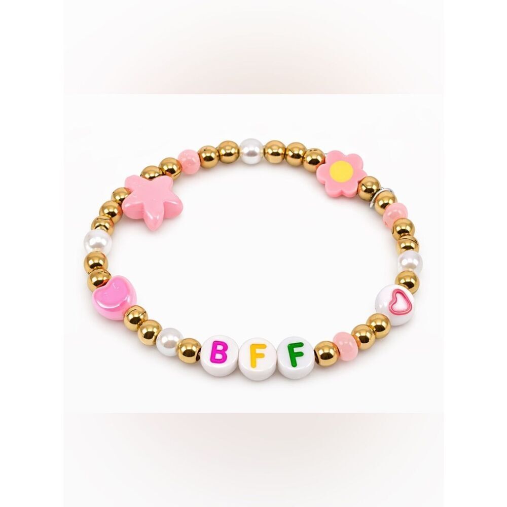 BFF Beaded Friendship Bracelet Gold Tone Pink Heart Flower Girls Women Gift